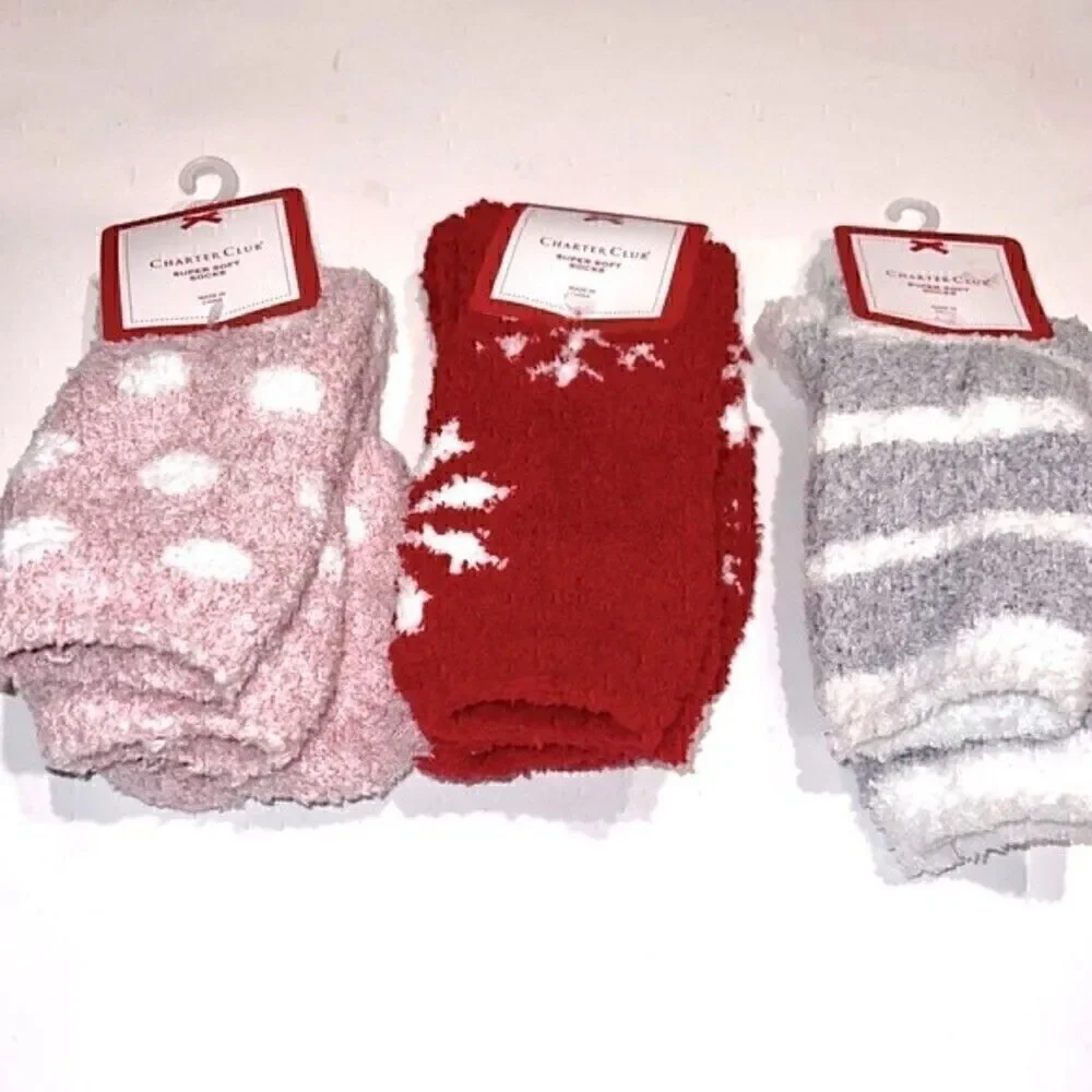 3 Set Charter Club Womens Size 9-11 Butter Super Soft Cozy Crew Socks pink red …